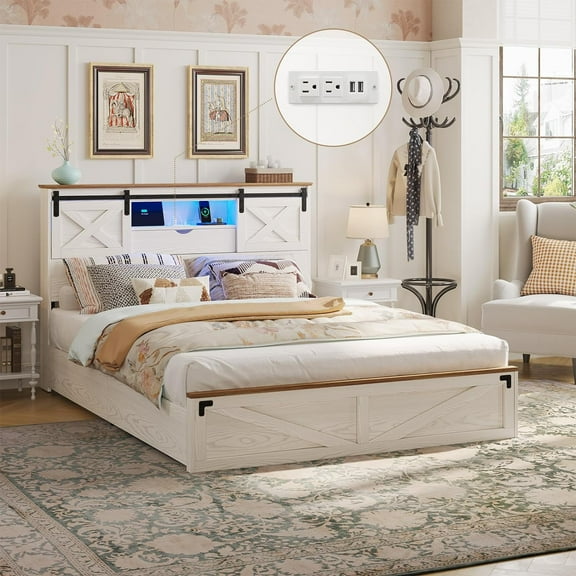 Aunfebrco Farmhouse Queen Bed Frame with 2 Drawers Queen Size Upholstered Platform Bed with LED Lights & Charging Station & Bookcase Headboard, Rustic Bed Frame for Bedroom, White
