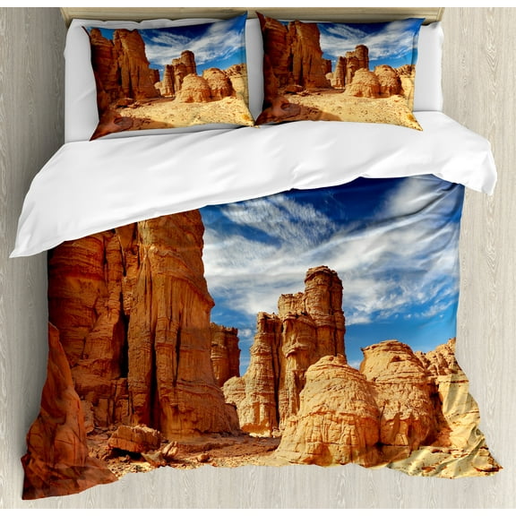 Desert Duvet Cover Set, Bizarre Sandstone Cliffs in Sahara Desert Tassili N'Ajjer Algeria, Decorative 3 Piece Bedding Set with 2 Pillow Shams, King Size, Navy Blue Mustard Orange, by Ambesonne