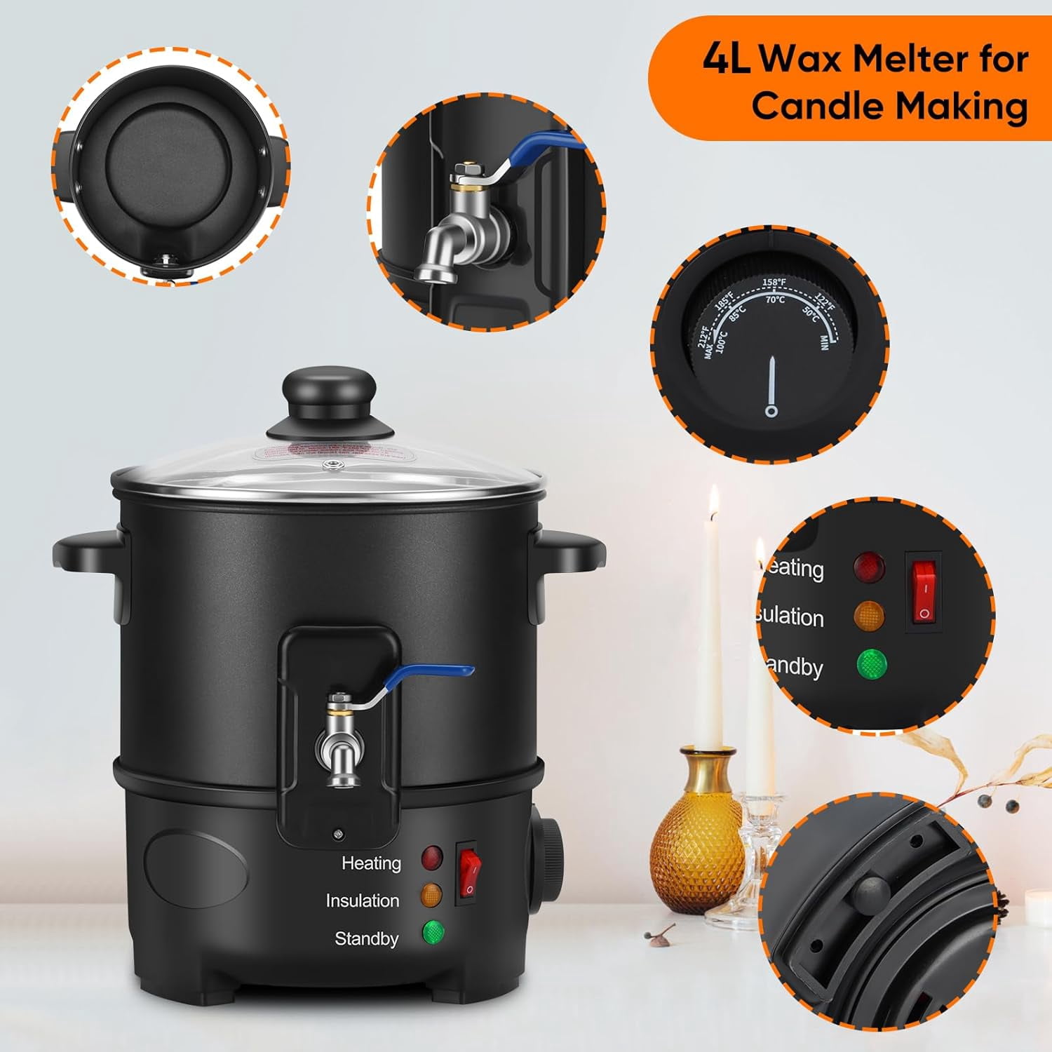 Panghuhu88 Wax for Candle Making, 4L Candle Making Wax Melting Pot with Temp Control, Soap Melter for soap Making Supplies,Electric Non-Stick Candle Wax Melter for Candle Soap Business and Home