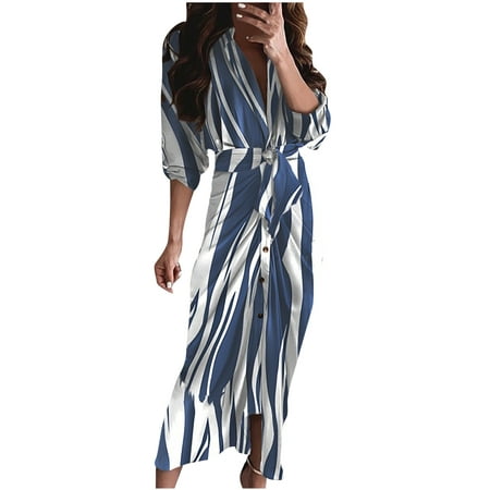 

Valentine s Day Deals Women s Sexy Summer Casual Long Sleeve Printing Button Fork Opening Dress Blue L