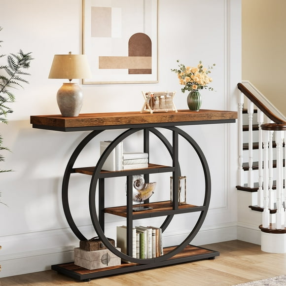 Fnova Console Table, Entryway Table with 4-Tier Storage Shelves, 42" Wood Modern Narrow Long Side Table, , Sofa Table, Accent Table for Living Room, Entryway, Hallway, Dark Brown and Black