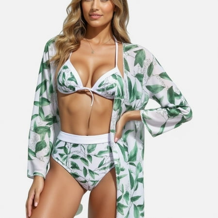 Swim Women s 3 Piece Floral Print Swimsuit Set with High Waist Bikini Bottoms Tie Front Top and Cover Up - X Large  White