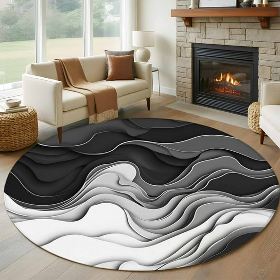 Black Grey Ombre Round Area Rug 6 FT, Non Slip Bedroom Area Rug, Abstract Modern Geometric Moire Art Washable Soft Circular Carpet Non-Shedding Floor Mat for Kitchen Dining Room Home Office Kids Room