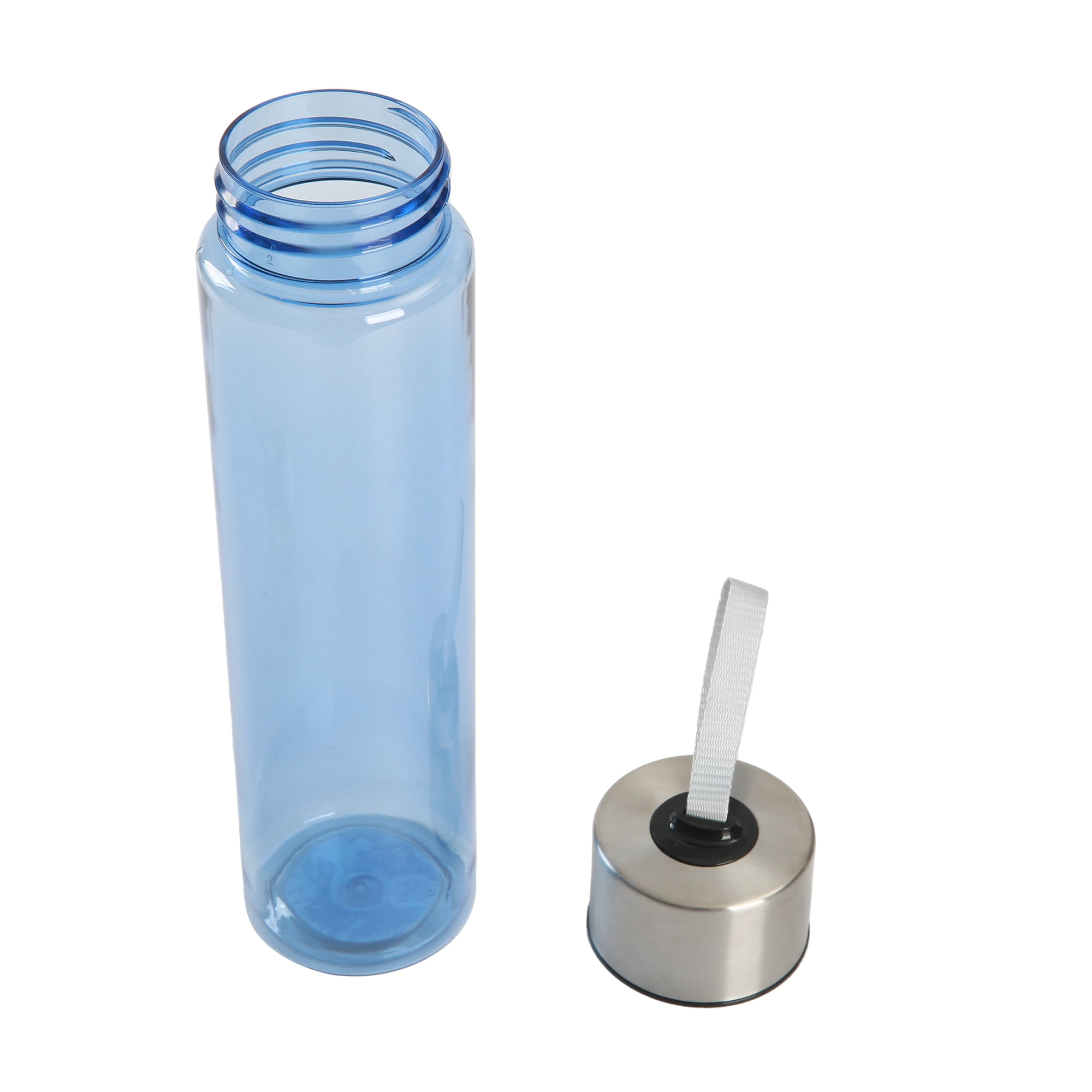 (8 pack) Mainstays 18oz Plastic Blue Water Bottle Stainless Steel Screw Cap Lid with Strap, 1 Each