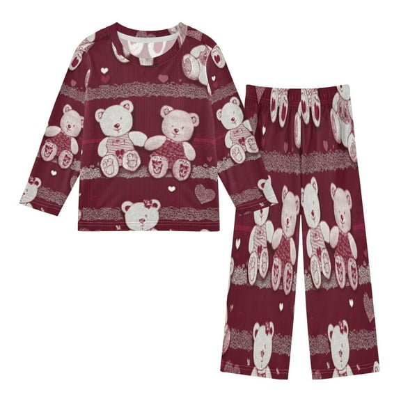 DIXRUYEE Fleece Pajama Set Loose Style Elastic Waist Pockets Crimson Teddy Bear Jubilee Cute Pattern