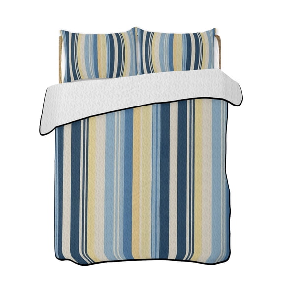 Vintage Stripes Quilts Bedding Set Queen Size Yellow Navy Blue Striped Retro Lines Lightweight Quilted Bedspread 3 Piece Bed Quilt with 2 Pillow Shams All Season for Bedroom 78" x 90"