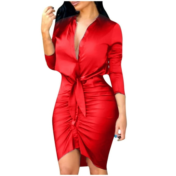 TIHLMK Red Dress Women Professional Dress V-neck Long Sleeve Solid Bandage Shirt Dress