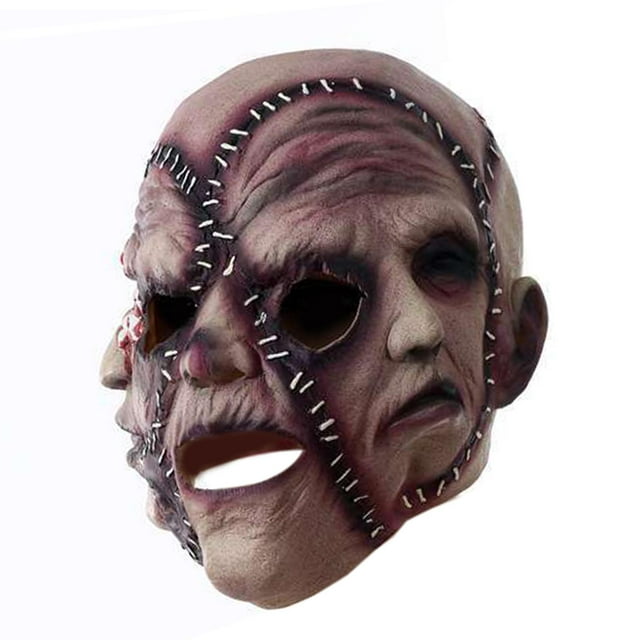 máscara de halloween, máscara de mueca, vestido elegante creativo para adultos, tocado de tres caras, máscara de látex para puesta en escena, fiesta máscara de látex multicolor de tres caras en vista 3/4; simula facciones humanas cosidas con puntadas visibles, ojos y boca recortados, textura arrugada en tonos carne y morado, medidas aproximadas 28 cm x 21 cm, adecuada para cosplay, teatro y carnavales.