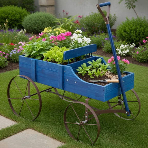 Resenkos Raised Planter Boxes, Large Space Elevated Flower Beds,Wooden Wagon Plant Bed with Metal Wheels for Garden Yard Patio-Blue