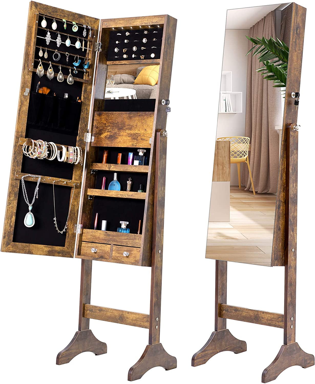 Leds Free Standing Jewelry Cabinet, Freestanding Floor Mirror With Storage