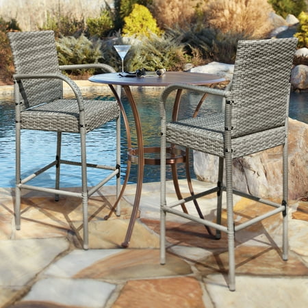 LACOO Outdoor Bar Stools with Footrest Patio Rattan and Steel Frame Patio Barstool Set of 2, Gray