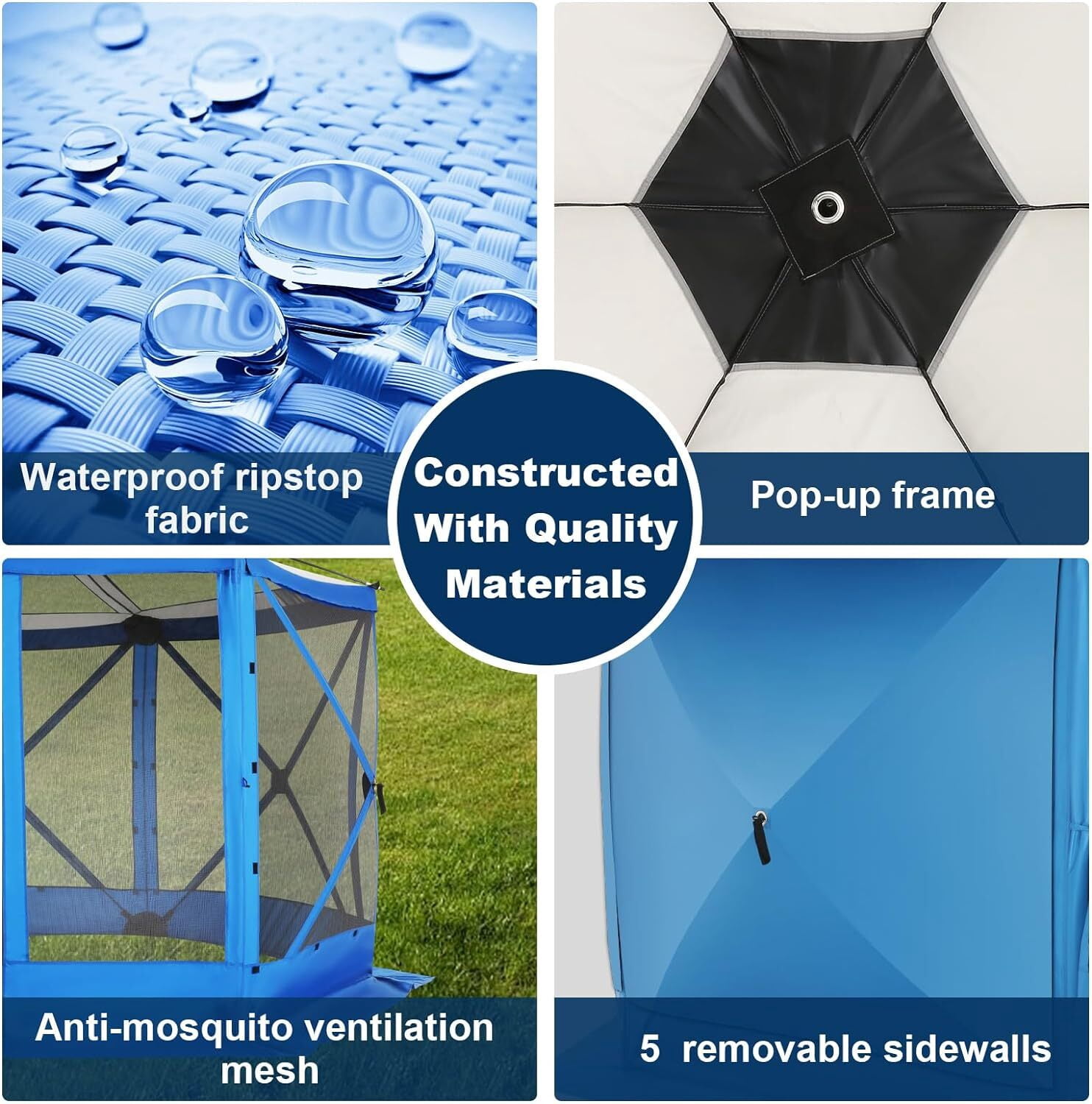 COBIZI 12x12 Pop-up Gazebo Screen Canopy with 5 Sidewalls and Mosquito Nettings for Camping, Tent Instant Screened House with Carrying Bag and Ground Stakes, Blue(Upgraded)