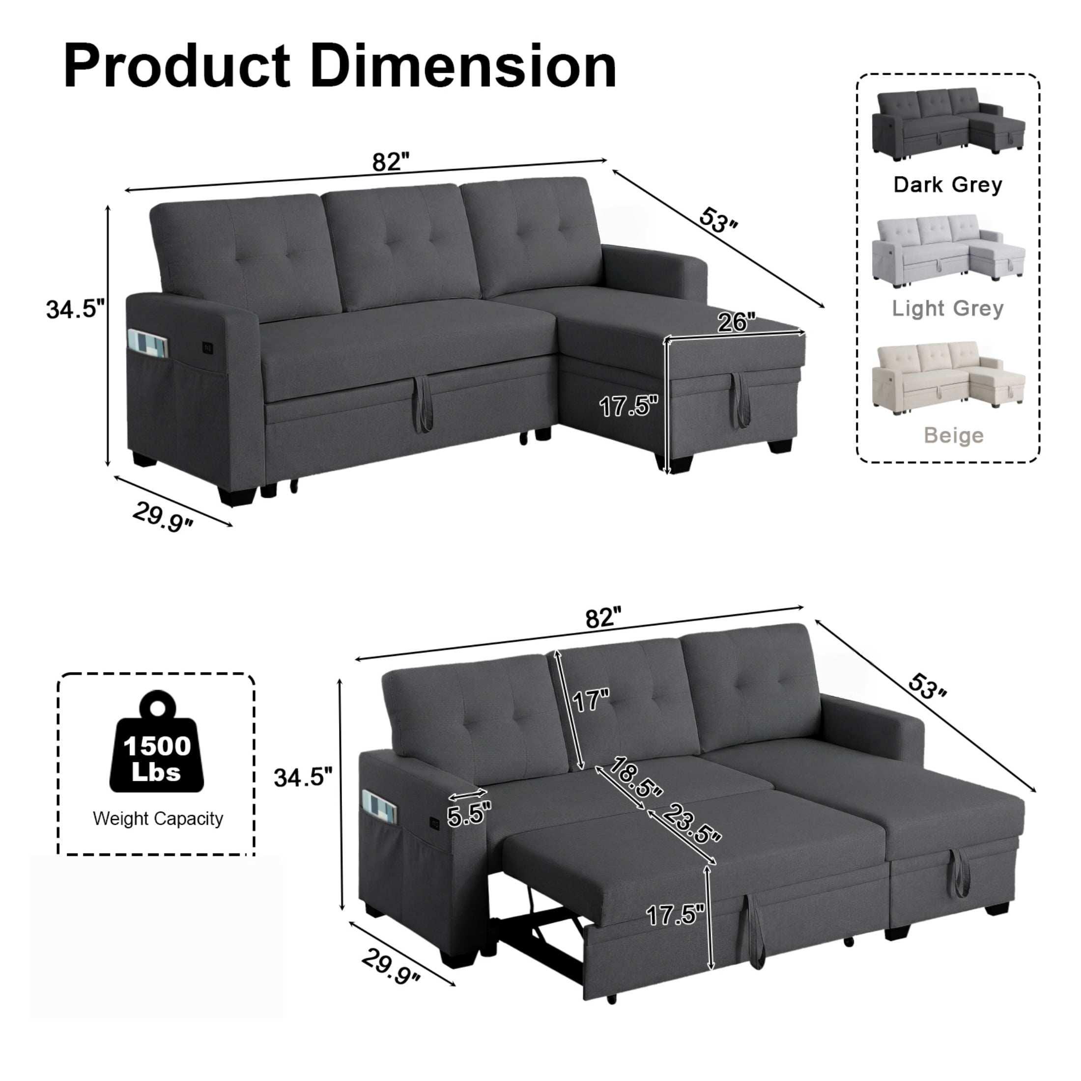 ShiKeyi 82" L Shaped Sleeper Sofa Bed, Sectional Sleeper Couch with Pull Out Bed, 3 Seat Convertible Sofa Bed with Storage Chaise, USB Charging Ports for Living Room, Dark Grey Linen Fabric