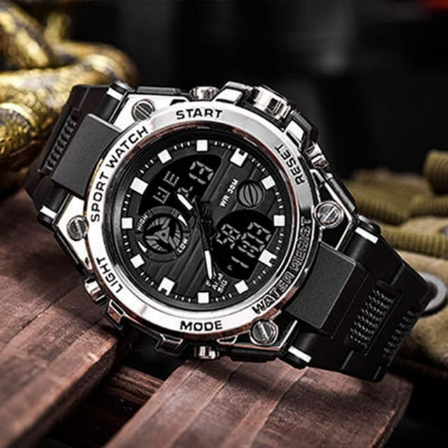 Reloj deportivo electrónico Bling Bling LED resistente al agua Dual pantalla para niños Anillo plateado concha negra