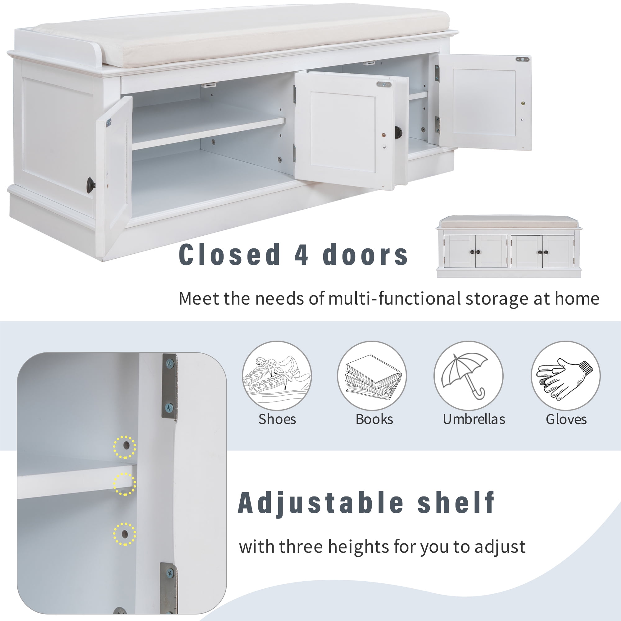 Euroco 42.7" Shoe Bench with 4 Doors, Wood Storage Shoe Rack with Removable Cushion and Adjustable Shelves for Living Room,Entryway,White