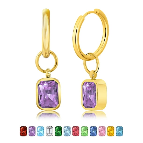 JeenMata Aros de 2 Quilates con Bisel de Amatista y Corte Esmeralda, Piedra Natal de Febrero, Chapados en Oro Amarillo