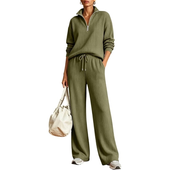 Women's 2 Piece Sweatsuit Set, Half Zip Collared Sweatshirt & Wide Leg Pants Lounge Outfit