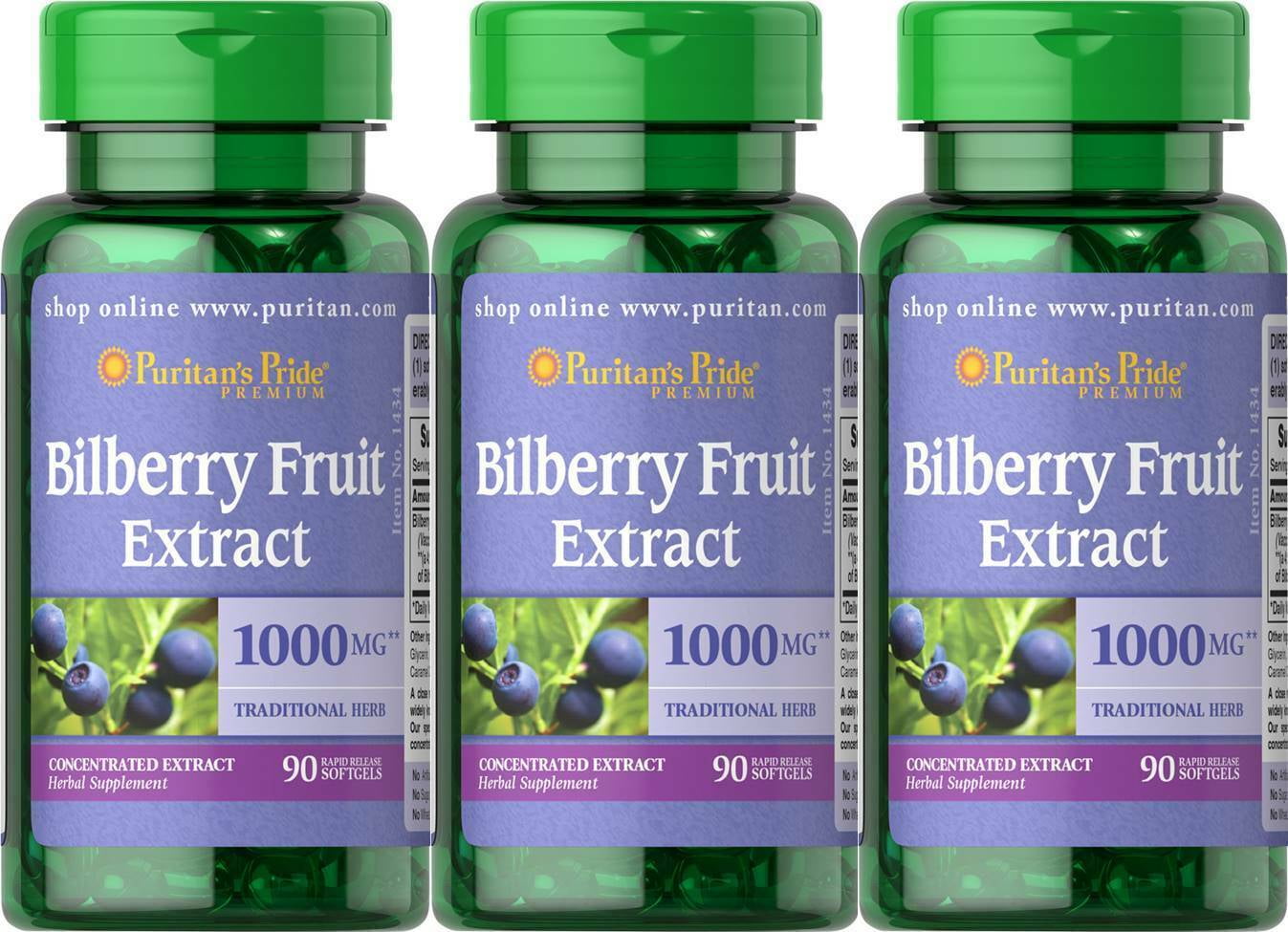 Puritan's Pride Bilberry Fruit Extract 1000mg 90 Softgels Improves Eye