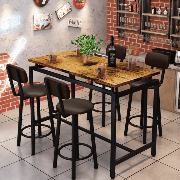 MIERES 35" Counter Height Dining Table Set, Kitchen Counter Height Table & 4 PU Leather Upholstered Stools with Backrest Space-Saving Dining Room Table Set for Small Space