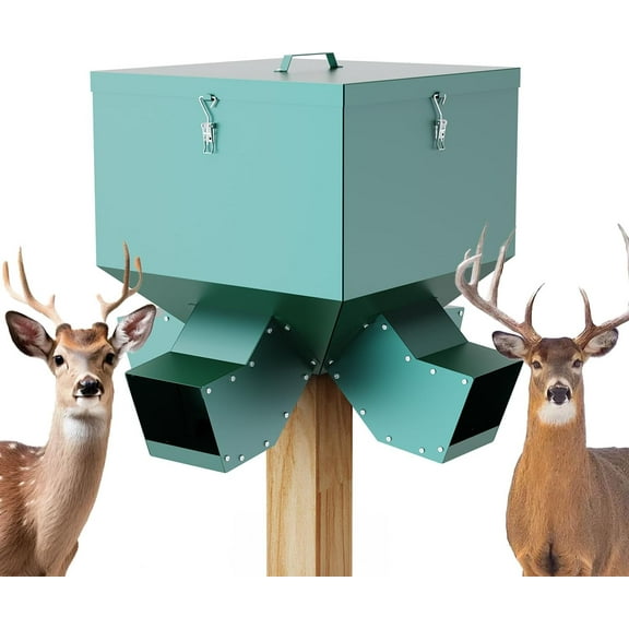 Gravity Deer Feeder, 150lb Large Capacity Gravity-Fed Deer Feeder, Game Hunting Feeder, Deer and Wildlife Feeder, Protein 4 Feed Head, Green