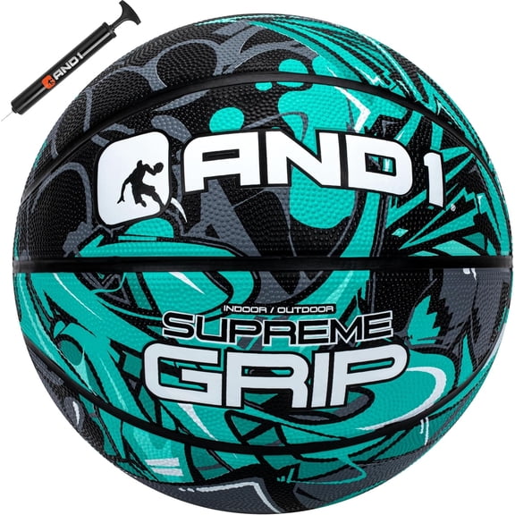 AND1 Supreme Grip Graffiti Rubber Basketball, Size 7 (29.5"), Indoor/Outdoor, Deep Channel Construction, Includes Hand Pump