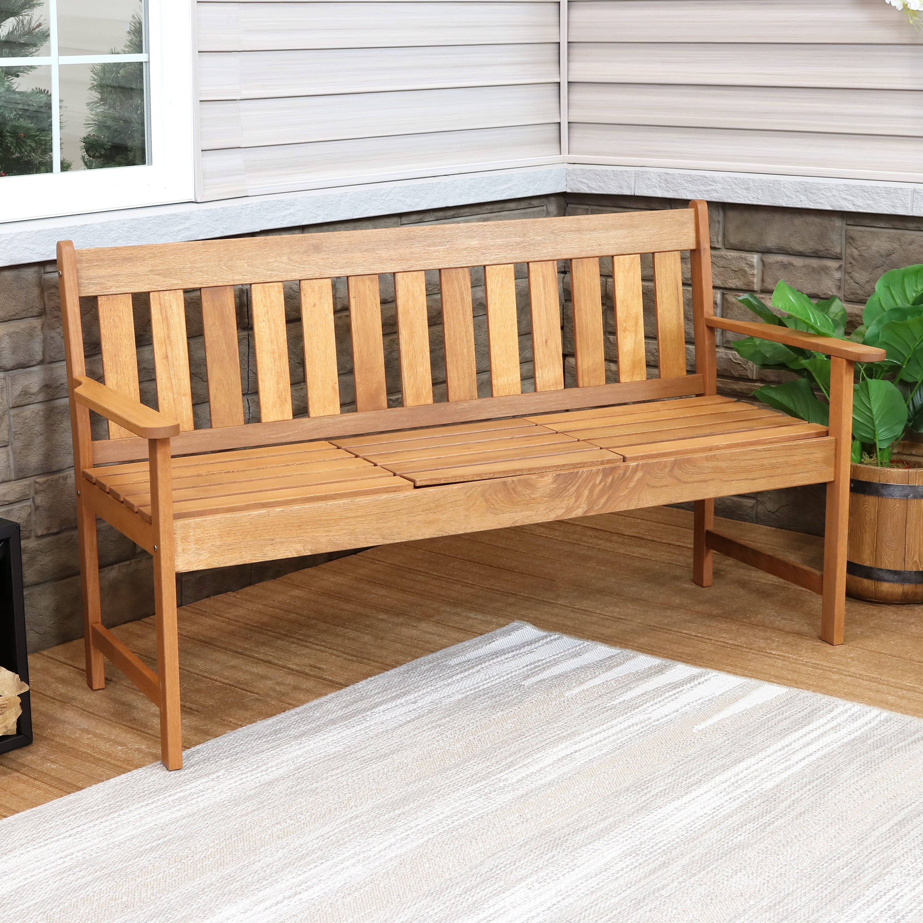 Sunnydaze Meranti Wood Outdoor Bench With Teak Oil Finish And Built In Pop Up Table Comfortable Patio Seating For 2 Adults Modern Occasional Bench Decorative Porch Furniture 60 Inch Walmart Com Walmart Com