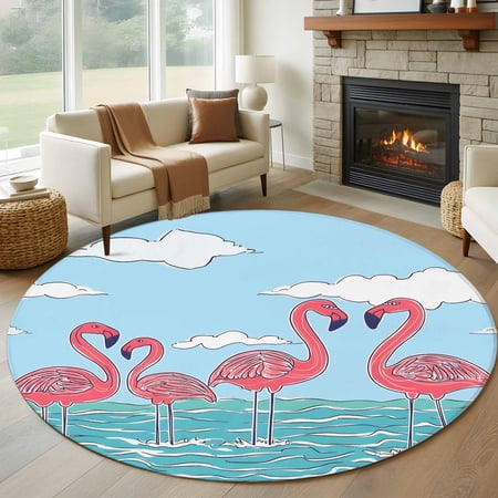 Summer Cute Flamingo Round Area Rug 5 FT Non Slip Bedroom Rugs Cartoon Animal Cloud Blue Sky Washable Soft Circular Carpet Non-Shedding Floor Mat for Kitchen Dining Room Foyer Balcony Dorm