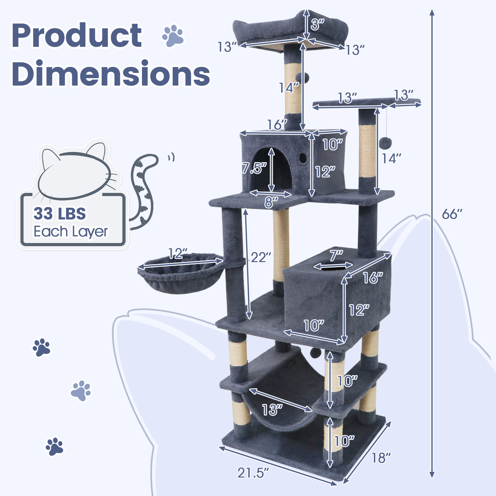 Gymax 66'' Tall Cat Tree w/2 Condos Sisal Scratching Posts Plush Perch Hammock Basket Dark Gray