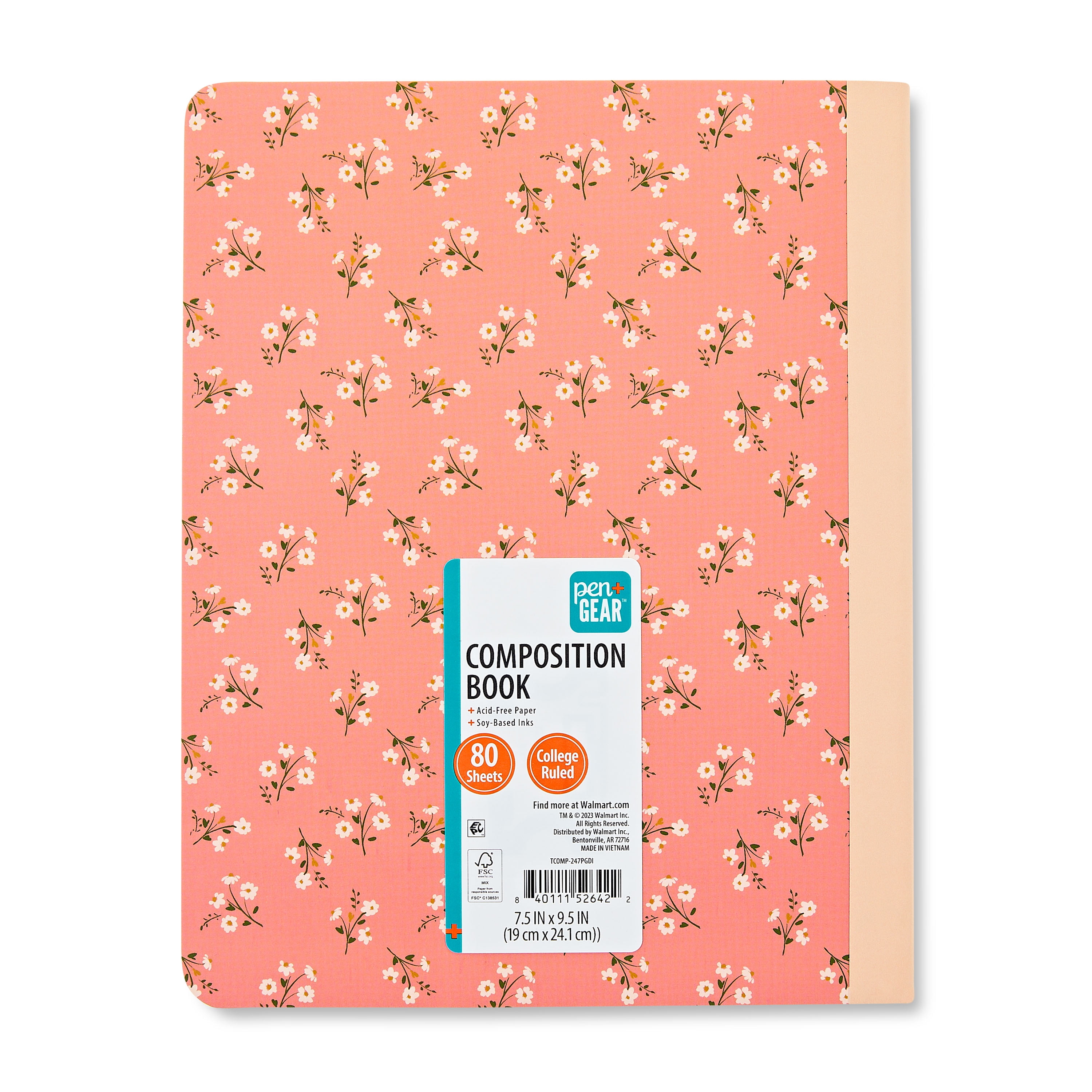 Pen+Gear College Ruled Composition Book, 7.5" x 9.75", Pink Flowers, 80 Sheets