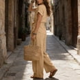 thumbnail image 6 of Women's 2 Piece Outfits Short Sleeve V Neck Top Wide Leg Pant Business Suit Set Dressy Pantsuits Summer Belted Top Loose Matching Set, 6 of 7