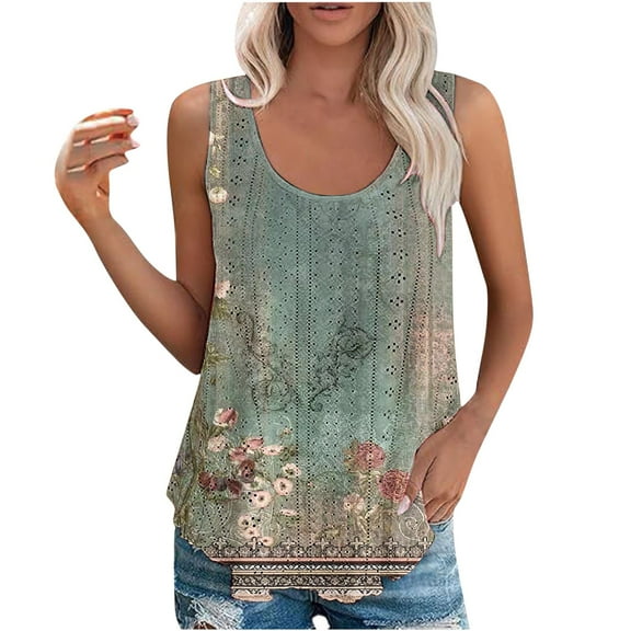 ALLLIST Green Summer Tops for Women Scoop Neck Floral Sleeveless Tank Tops Women's Tank Tops XXXL