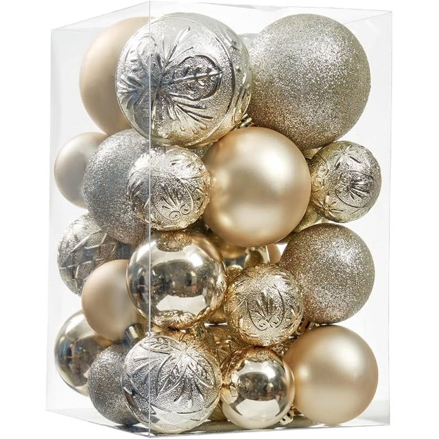 Adornos navideños en forma de bola: 30 unidades de adornos navideños de plástico irrompibles para colgar en el árbol de Navidad, fiestas, bodas y otras ocasiones (varios tamaños, champán)