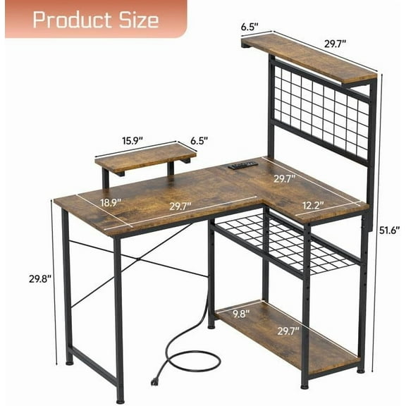 L Shaped Gaming Desk, Reversible Computer Desk with 4-Tier Shelves, Corner Desk with Pegboard, Home Office Desk with LED Lights & Power Outlets Gaming Desk with Storage, Rustic Brown
