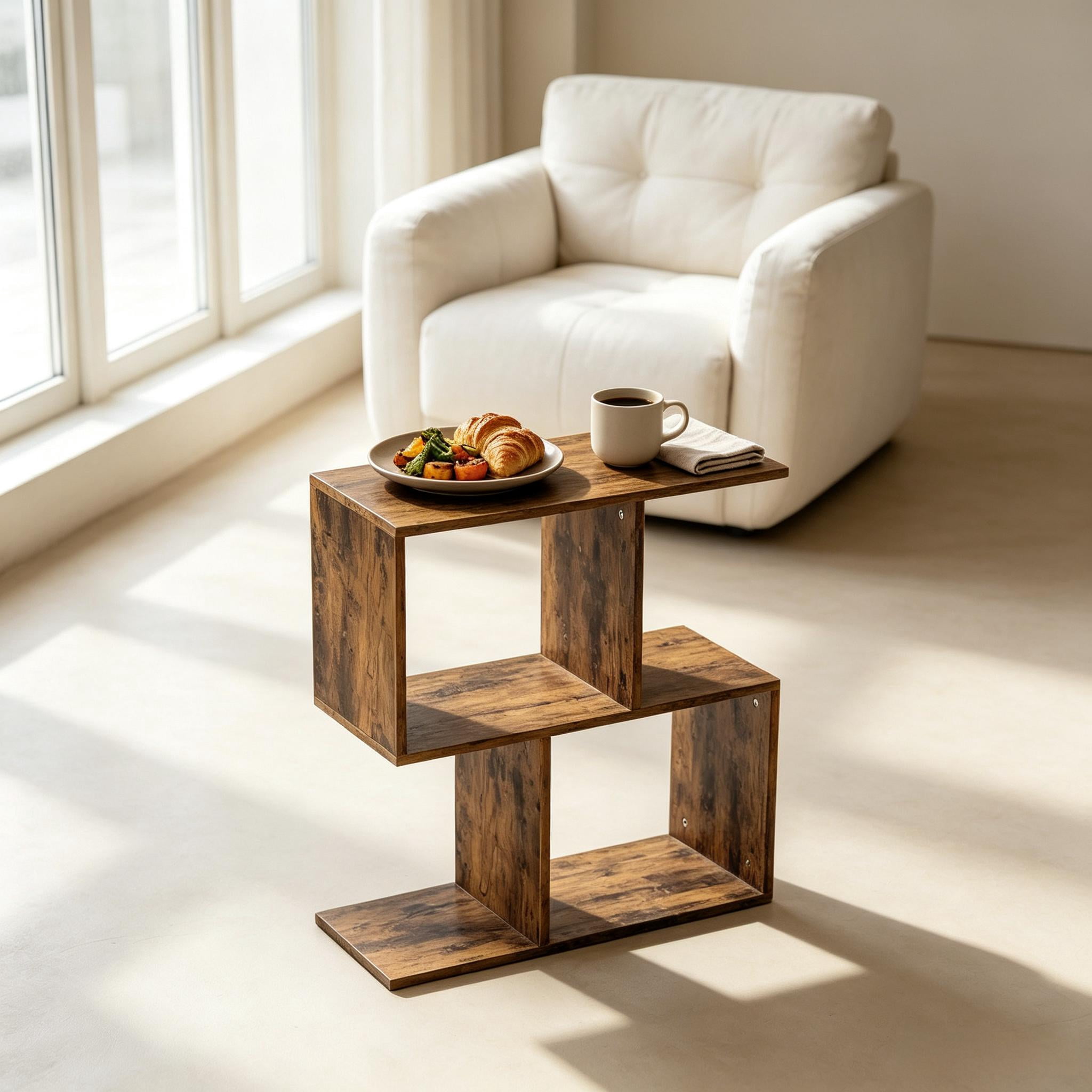 Modern S-Shaped 3-Tier Narrow Side End Table, Accent Furniture with Storage Shelves for Living Room & Small Space