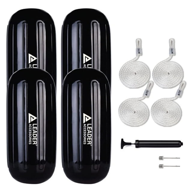 Leader Accessories Hole Through Middle Ribbed Inflatable Black 10''x26'' Boat Fender Pack of 4 Includes 3/8'' Fender Lines Pack od 4 and Pump to Inflate