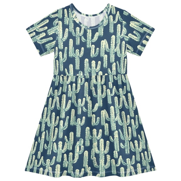 joogoo Retro Cactus Girls' Short Sleeve Dress Kids Dresses 5-6T