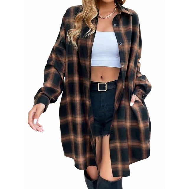 Women'S Button Down Flannel Shirts Plaid Shacket Long Sleeve Collared Long Jacket Coats Yellow & Black S