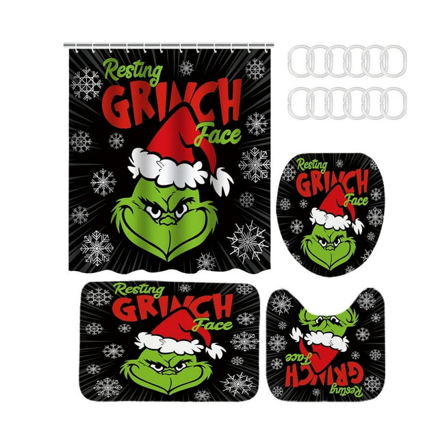 Ensemble de Rideau de Douche 4 Pcs Comment le Voleur A Volé Rideau de Douche de Noël et Ensemble de Tapis Lavables Décorations de Salle de Bain 4 Pcs