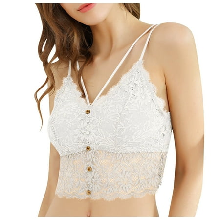 

JGGSPWM Women Strappy Lingerie Floral Sheer Lace Bralette Padded Bra Crop Top Underwear White