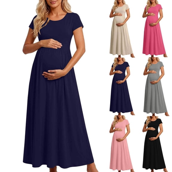Gfyviroh Women's Maternity Maxi T-Shirt Dress Short Sleeve Soft Casual Plain Dress Comfy Plus Size Pregnancy A-Line Dress