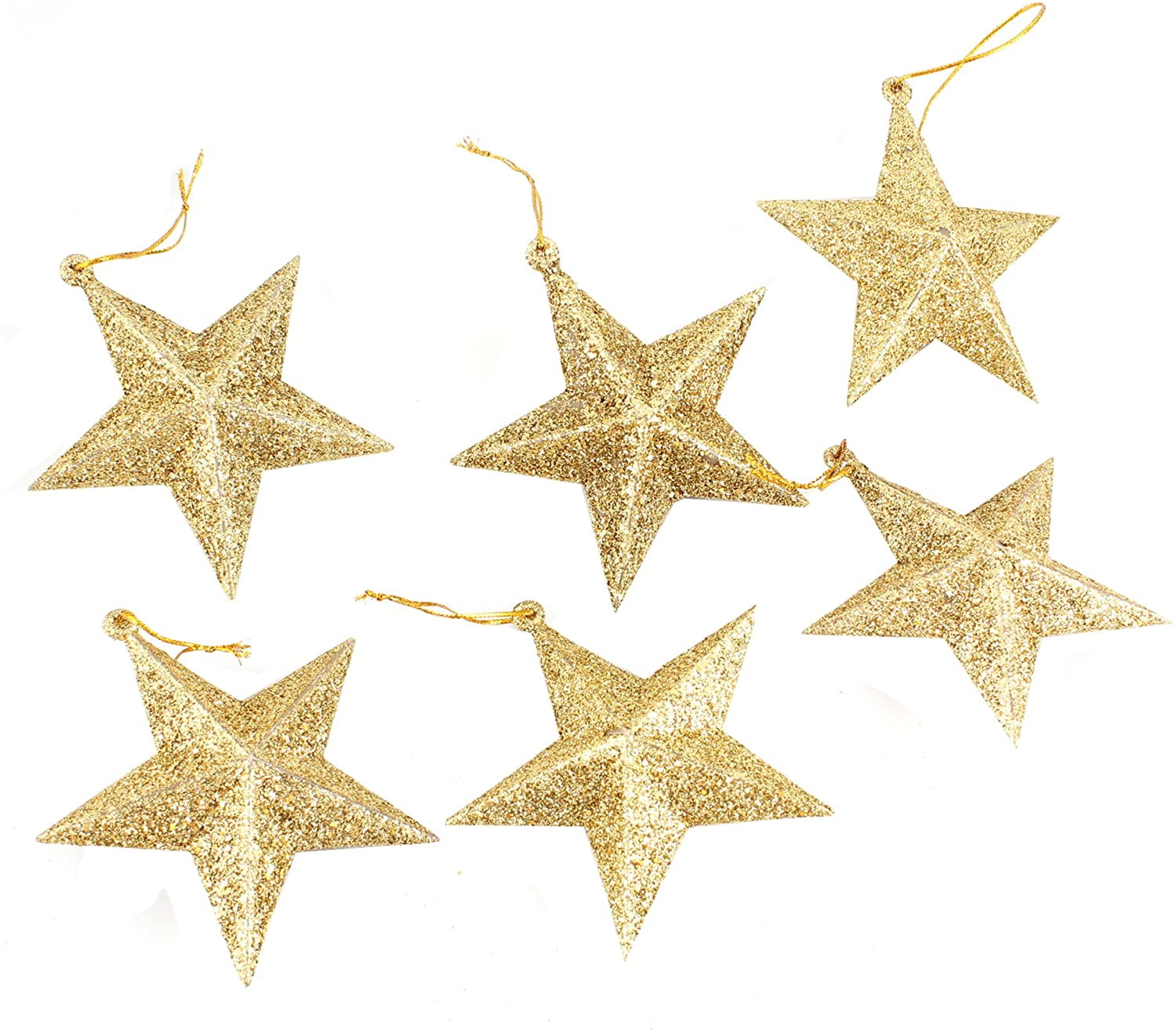 MKBL 6-Pack of Christmas Tree Decorations - Star Hanging Ornaments Gold Glitter Stars Festive Embellishments, Gold 3.5 Inches