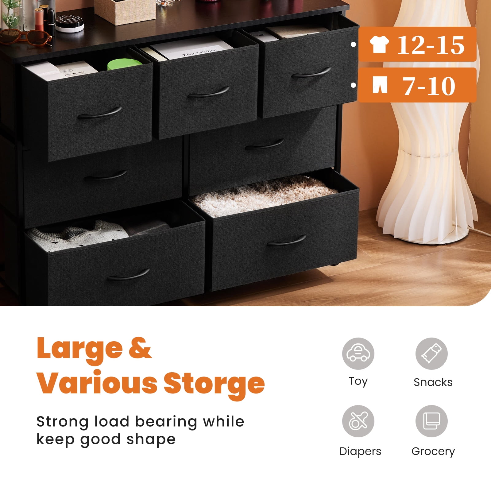 CONCETTA 7-Drawer Fabric Dresser Storage Chest for Bedroom, Closet, Storage Furniture for Adults, Black