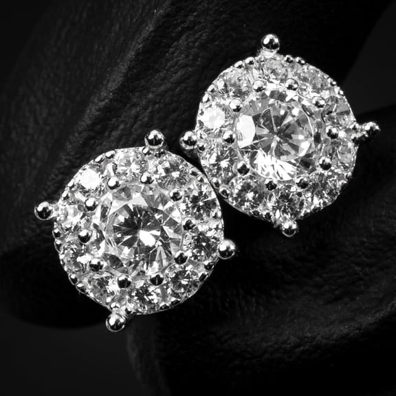 White Gold Plated 925 Sterling Silver Screw Back Post Large Unisex Round Hip hop CZ Flower Cluster Big Circle Shape Trendy Ice Out Stud Earrings