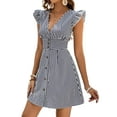 thumbnail image 3 of Women'S Striped Summer Dresses V Neck Casual Mini Dress Flutter Sleeve Ruffle Button Sundresses Black S, 3 of 8