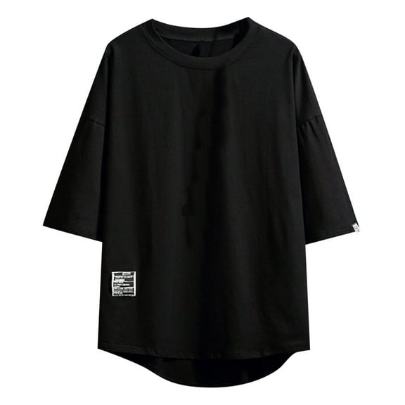 XIAONU Mens Solid Color Tees Oversized Fit Curved Hem Half Sleeve Side Label Shirts Breathable Casual Daily Street Tops