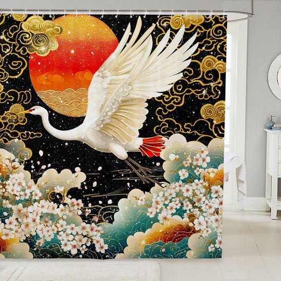 Japanese Crane Shower Curtain Red Sun And Cherry Blossoms Fabric Bathroom Decor With Hooks 71x71 inches