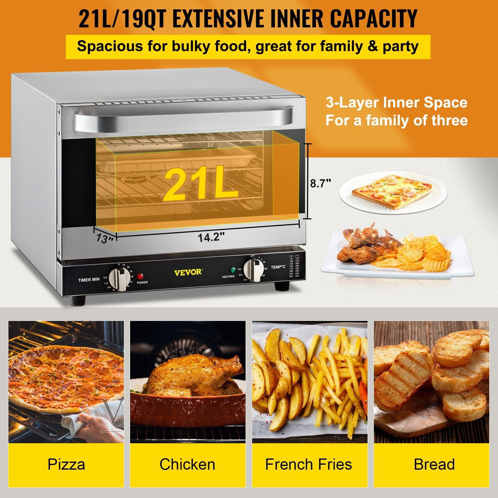 Commercial Convection Oven, 21L Capacity, 1440W Countertop Baking Oven with 3 Tiers, Front Glass Door & Accessories Kit