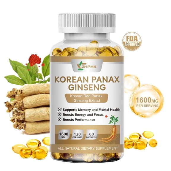Korean Red Panax Ginseng 1600mg Enhanced Energy | Focused Root Extract Powder Supplement Non-GMO 120 Capsules