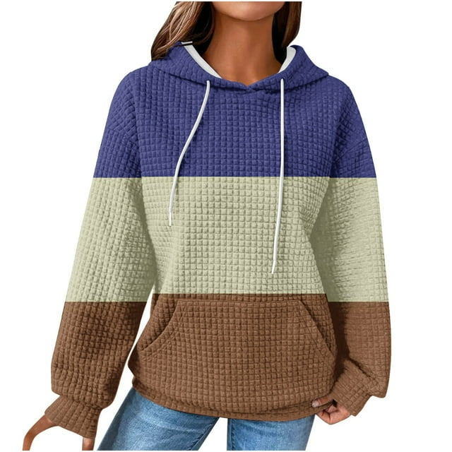 Cameland Women's Waffle Hoodies Sweatshirts Color Block Long Sleeve Pullover Oversize Drawstring Sweatshirt Spring Fall Clothing with Pockets