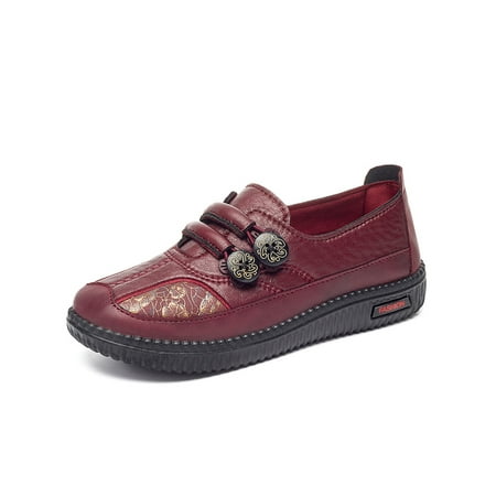 

Eloshman Women Lightweight Embroidered Loafer Travel Slip Resistant Buckle Comfortable Low Top Flats Red 5.5